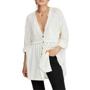 Women Linen Blend Babydoll Tunic Top White Button Front V Neck Pocket Size Small